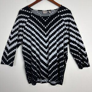 Chicos‎ 2 TUNIC Slinky BLOUSE ladies Med black white geo print 3/4 slit sleeve